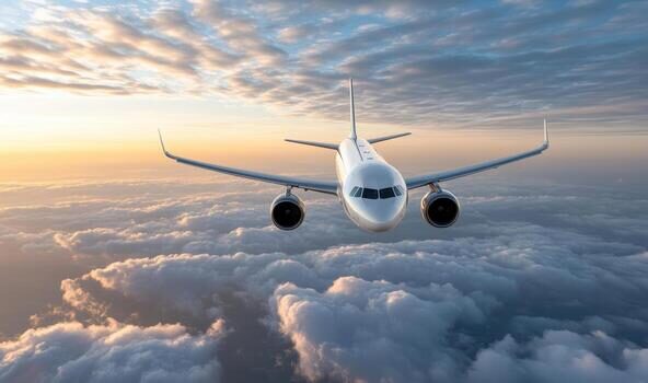 aerial-view-of-airplane-flying-through-clouds-at-sunset-showcasing-serene-atmosphere-free-photo